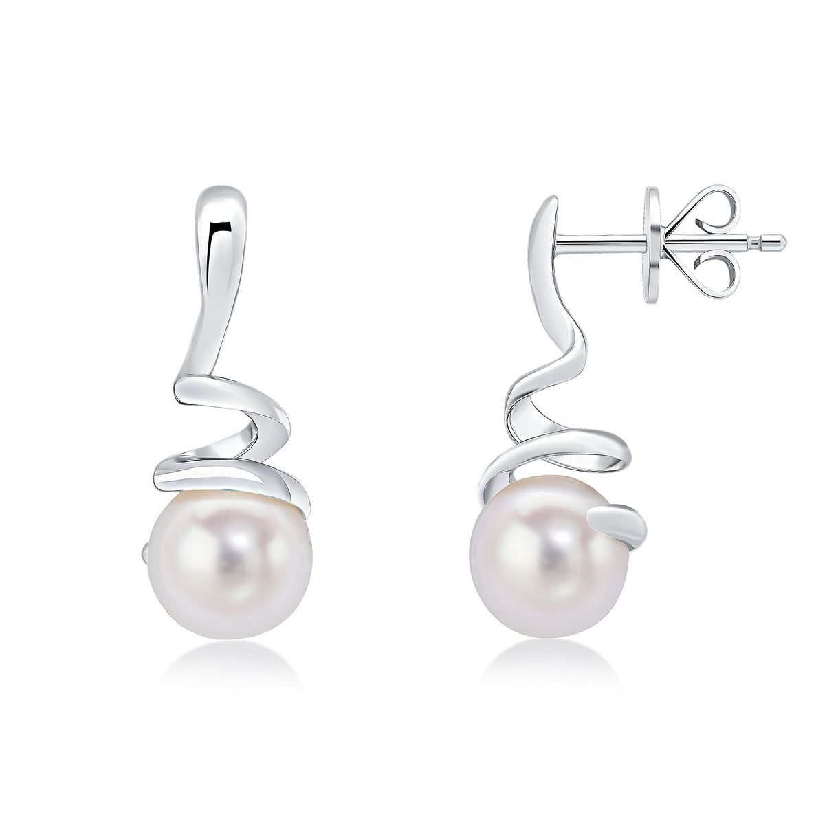 9ct White Gold White Freshwater Cultured Pearl Spiral Drop Earrings