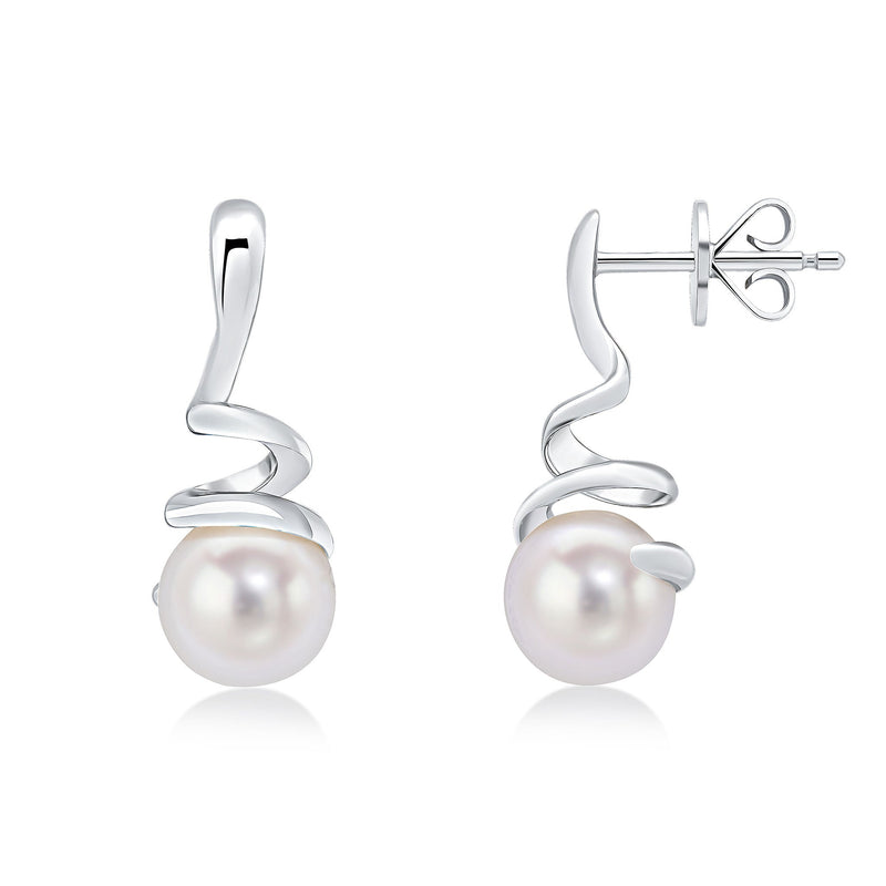 9ct White Gold White Freshwater Cultured Pearl Spiral Drop Earrings
