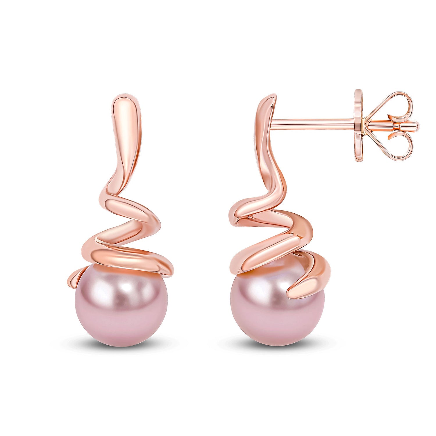 9ct Rose Gold Pink Natural Freshwater Pearl Spiral Drop Earrings