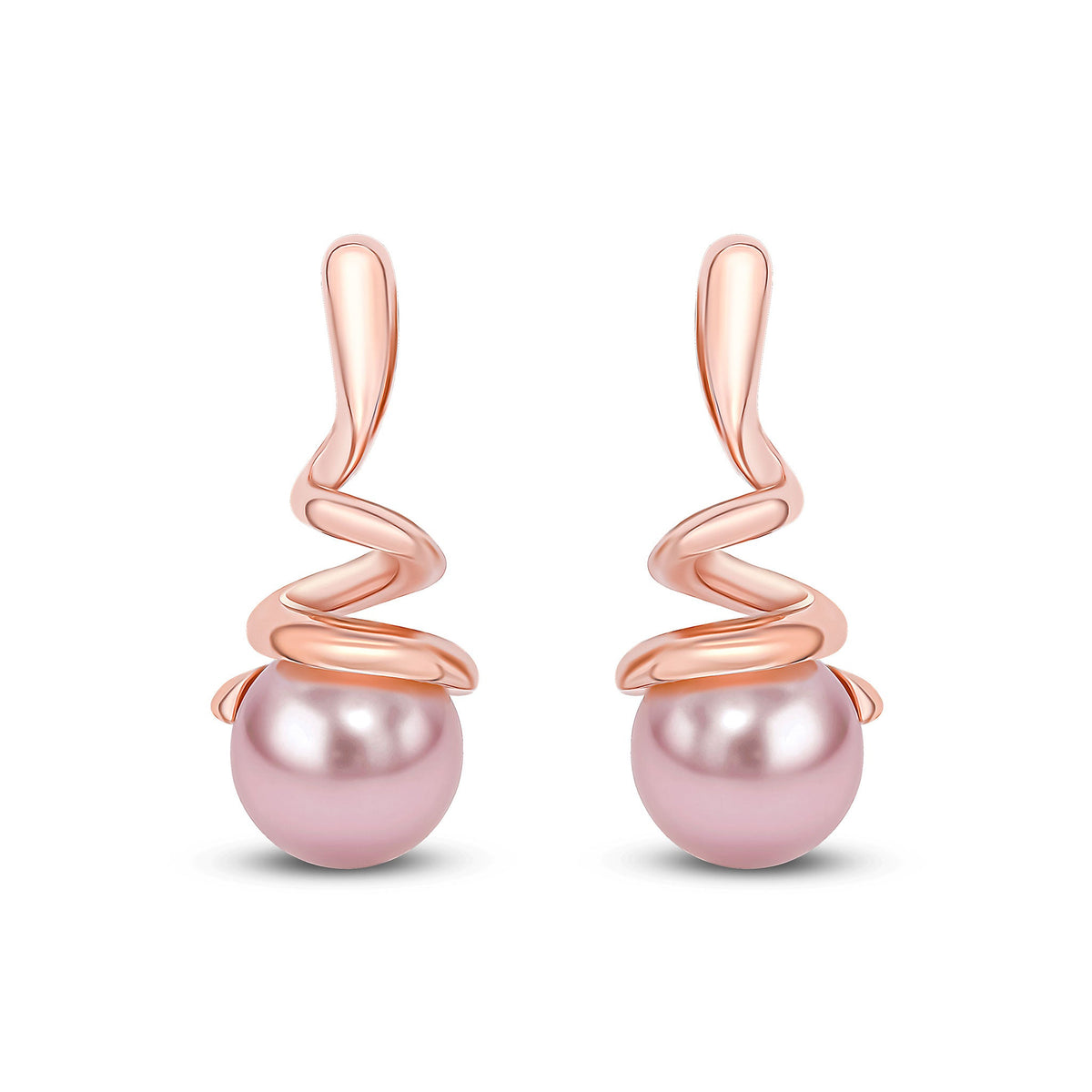 9ct Rose Gold Pink Freshwater Cultured Pearl Spiral Drop Earrings