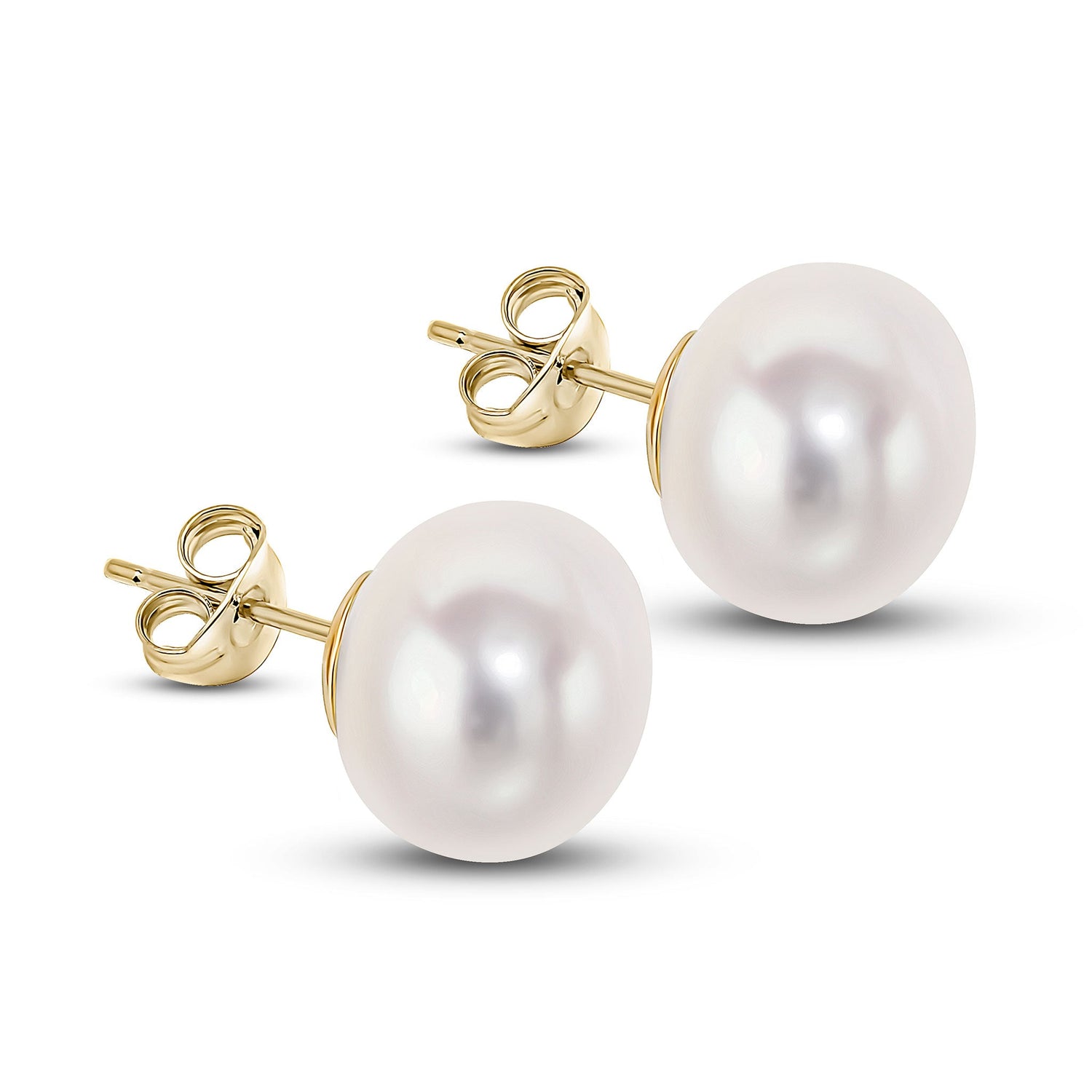 9ct Yellow Gold Natural Freshwater Button Pearl Stud Earrings 10.5mm