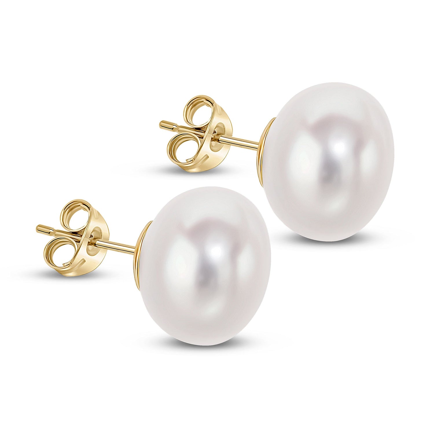9ct Yellow Gold Natural Freshwater Button Pearl Stud Earrings 11mm