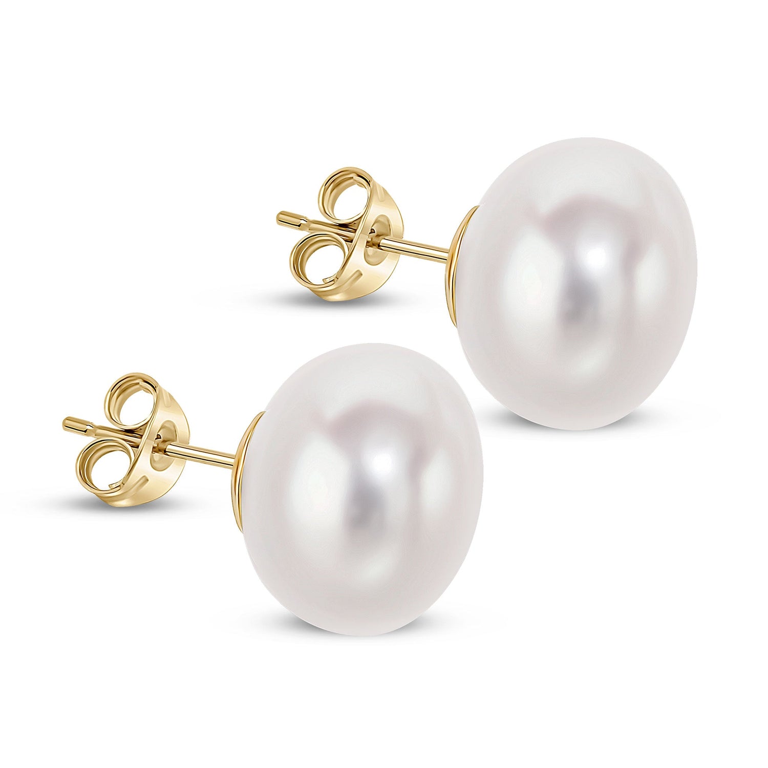 9ct Yellow Gold Natural Freshwater Button Pearl Stud Earrings 12.5mm
