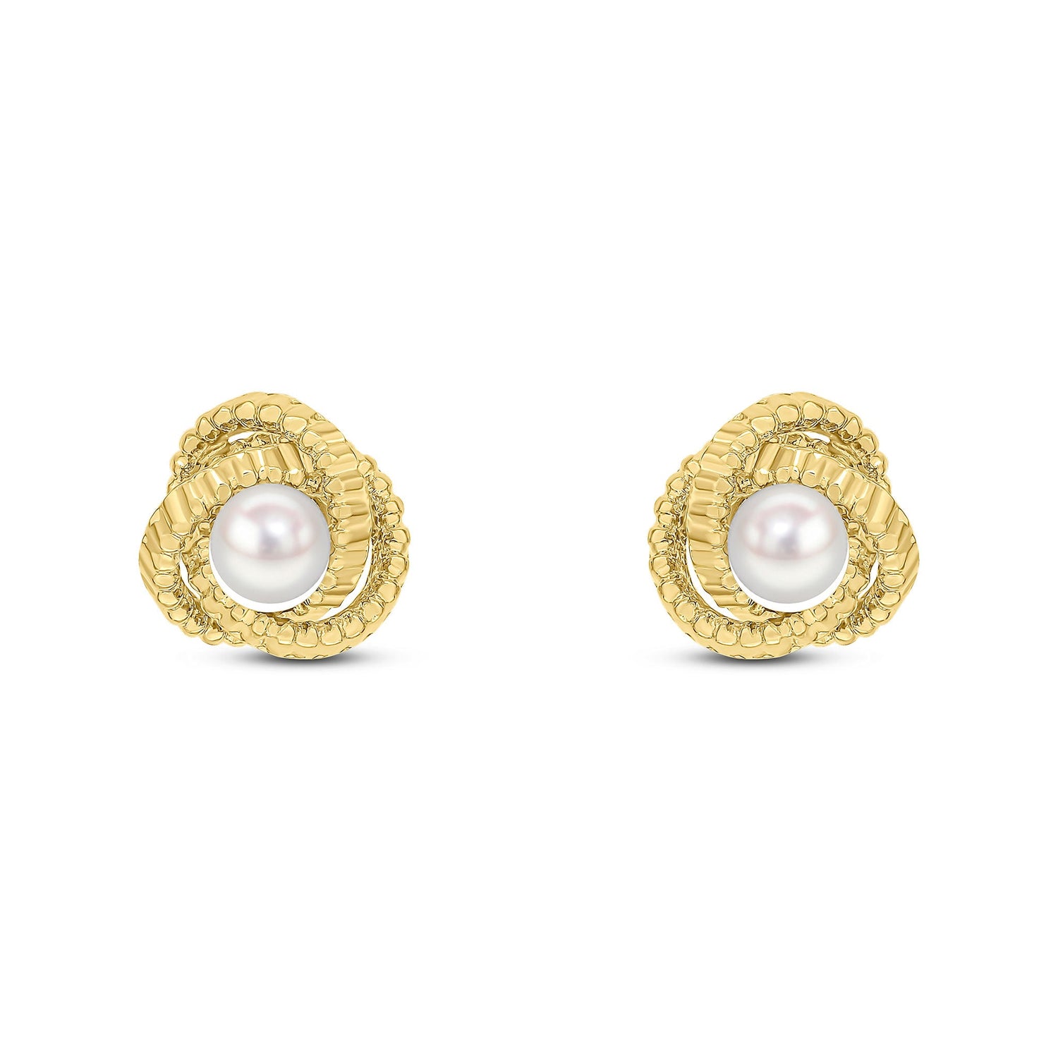 9ct Yellow Gold Textured Knot Stud Earrings with 5mm Natural Pearl