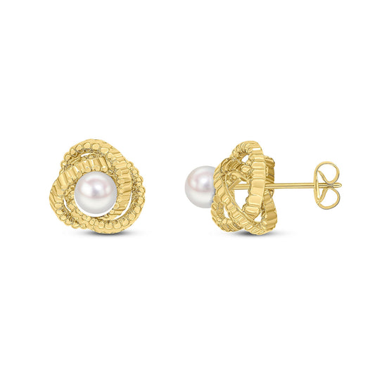 9ct Yellow Gold Textured Knot Stud Earrings with 5mm Natural Pearl