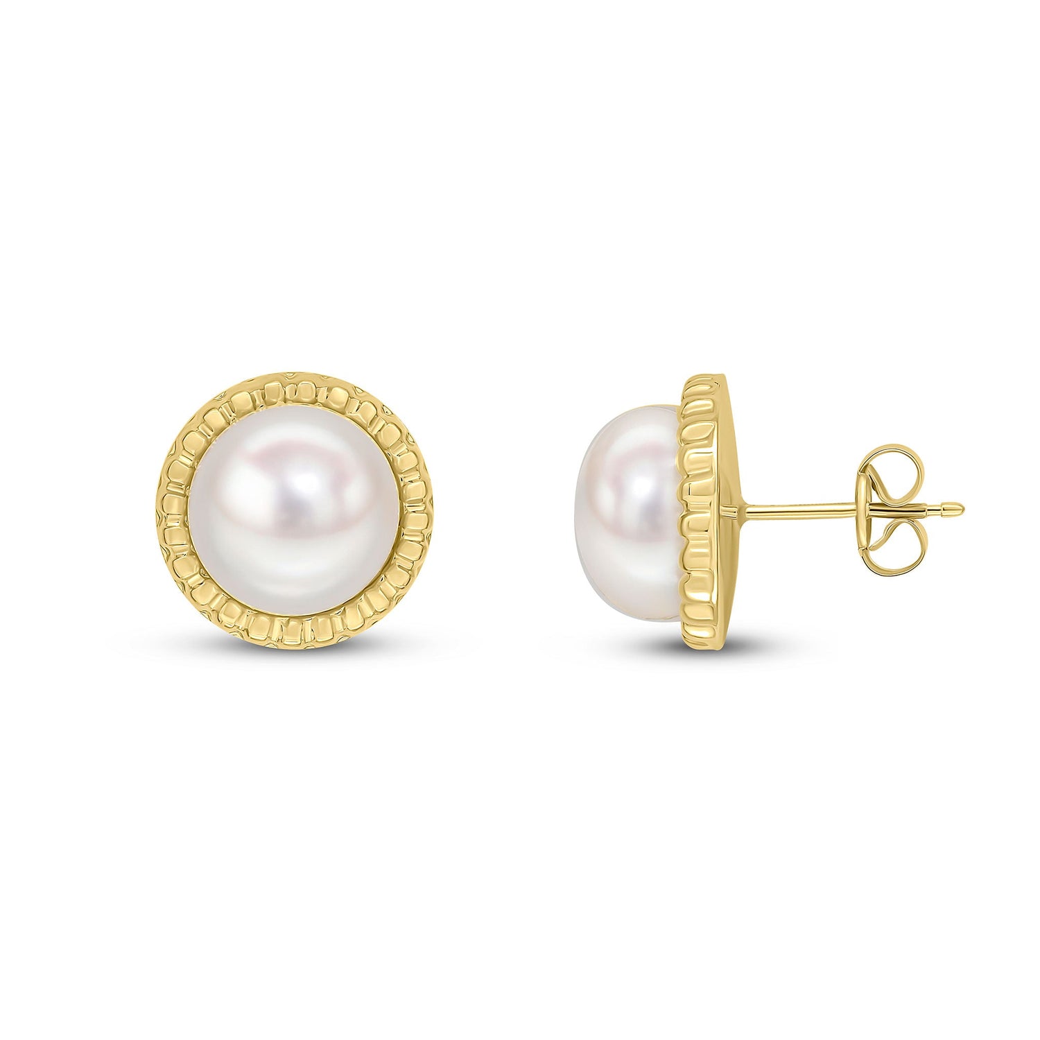9ct Yellow Gold Textured Border with 9mm Button Natural Pearl Stud Earrings