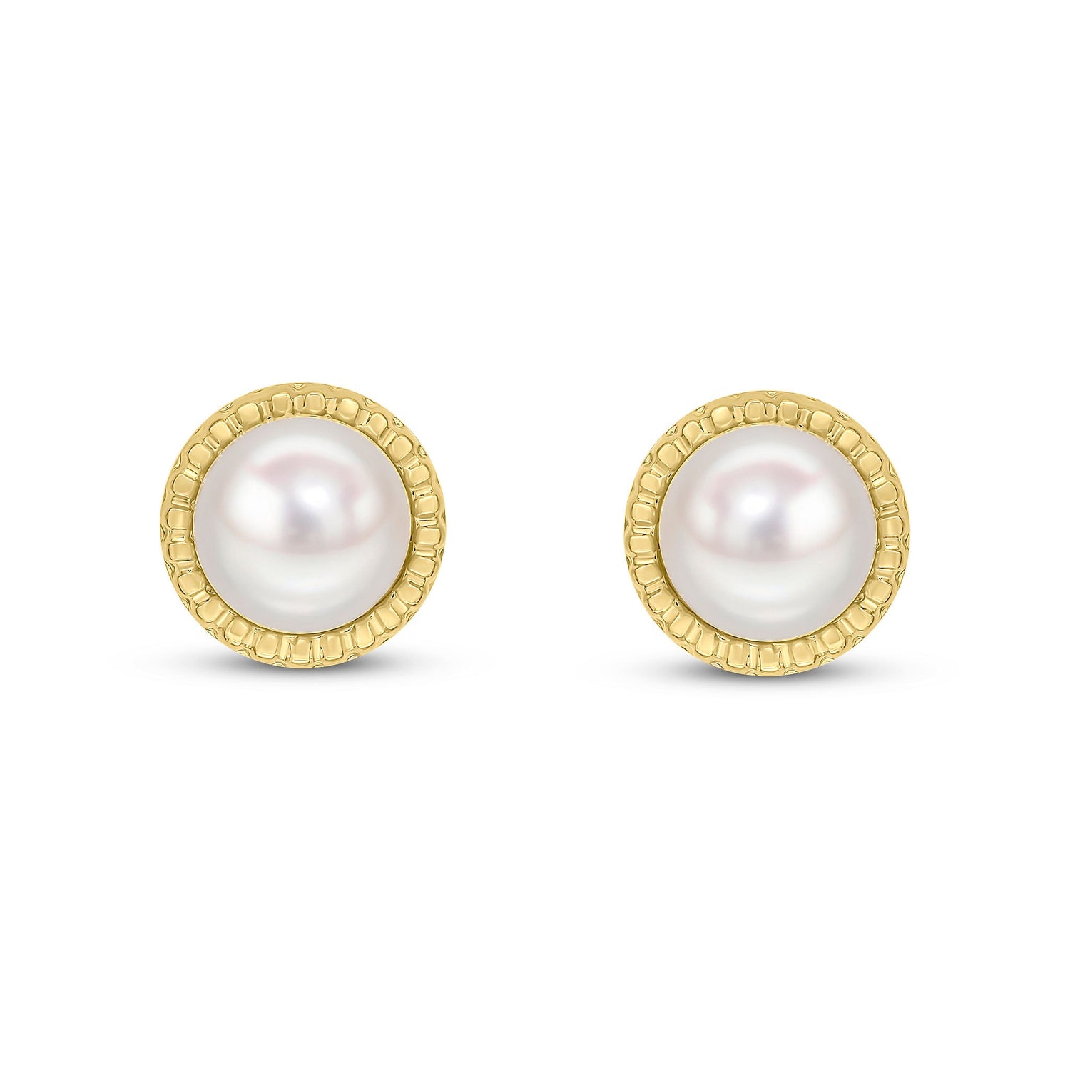 9ct Yellow Gold Textured Border with 9mm Button Natural Pearl Stud Earrings
