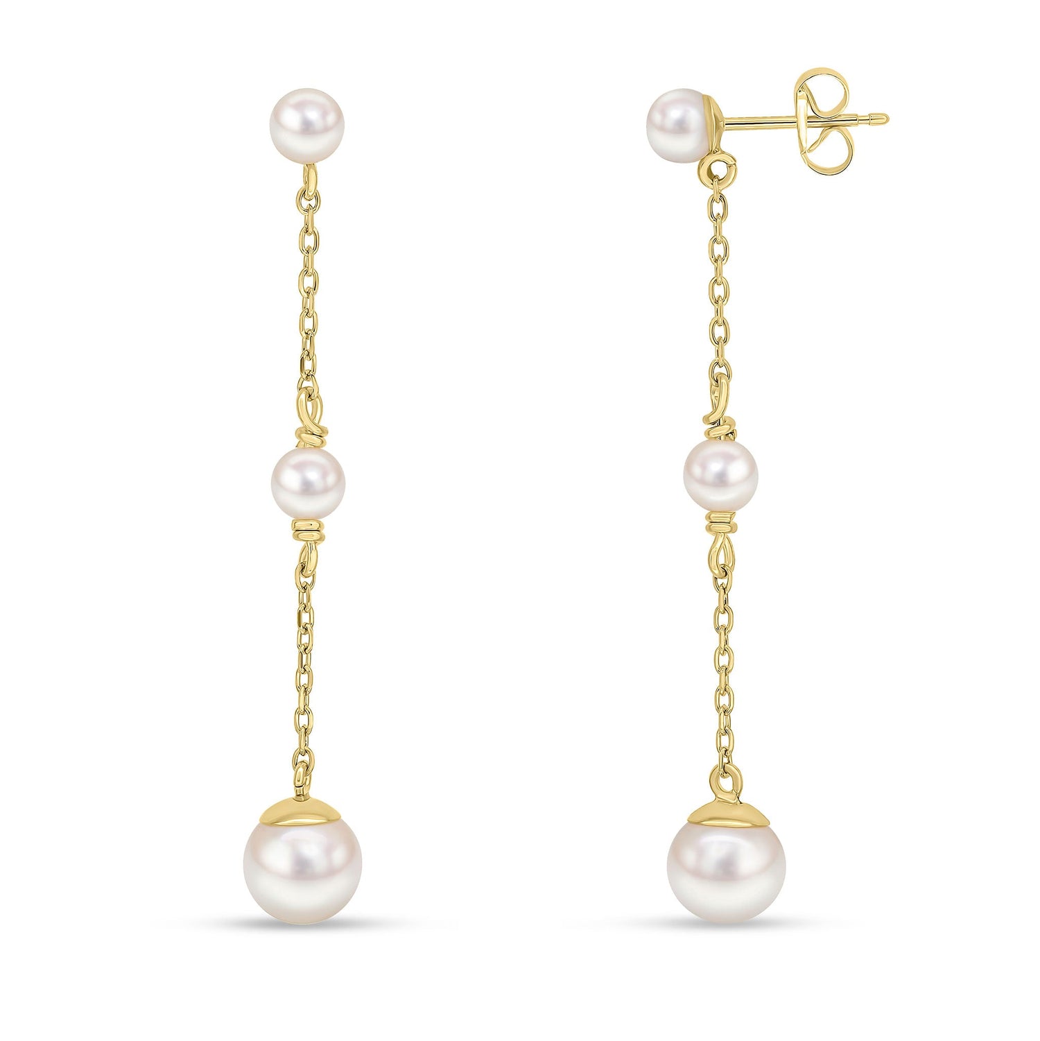 9ct Yellow Gold Chain Drop Earrings with Natural Pearls — 4x6mm