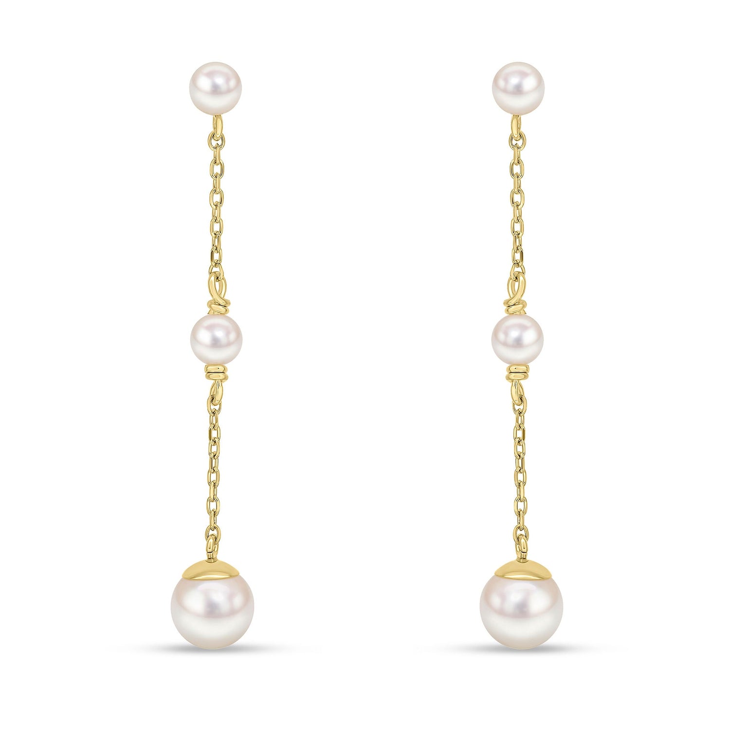 9ct Yellow Gold Chain Drop Earrings with Natural Pearls — 4x6mm