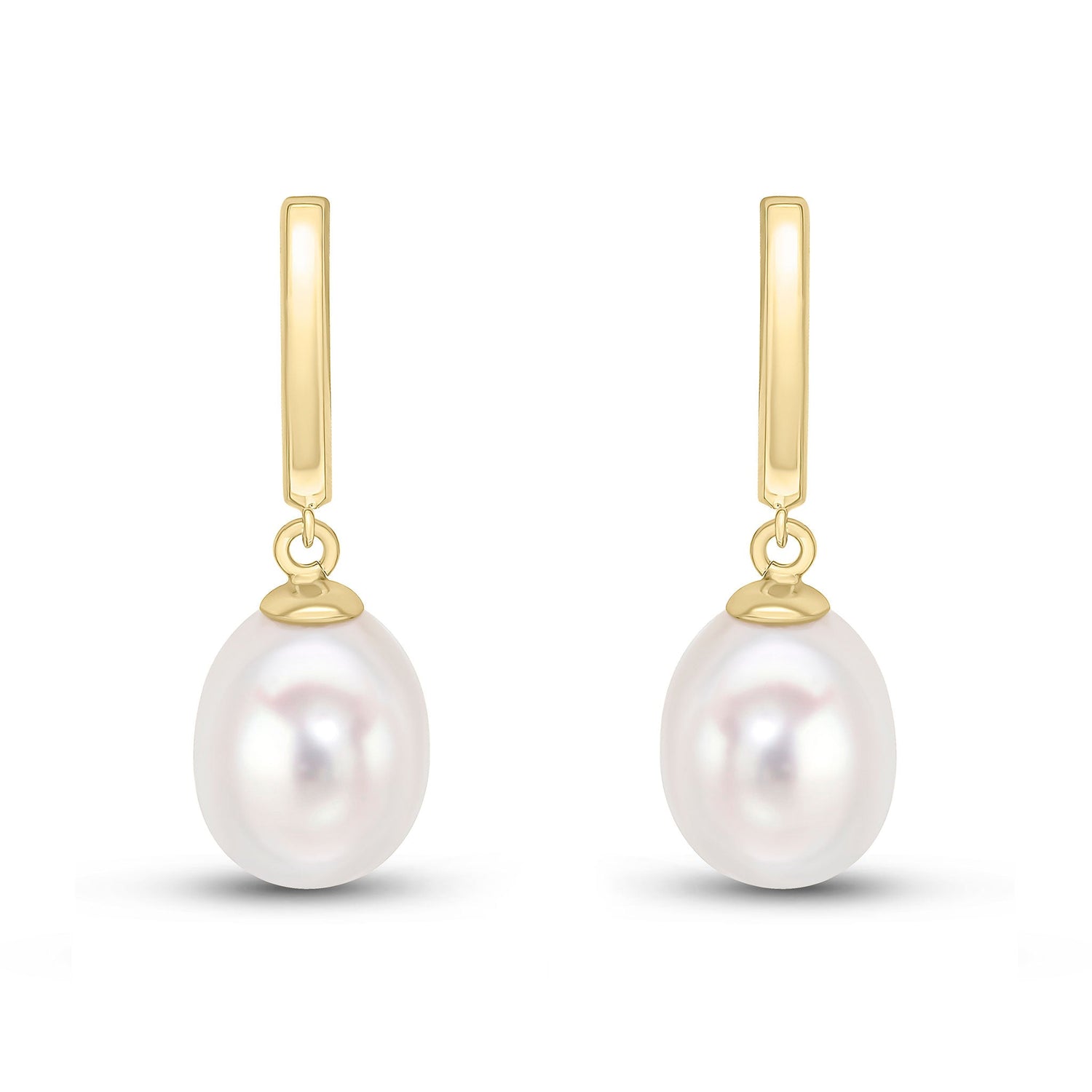 9ct Yellow Gold Polished Curved Bar with Natural Freshwater Pearl Drop Earrings