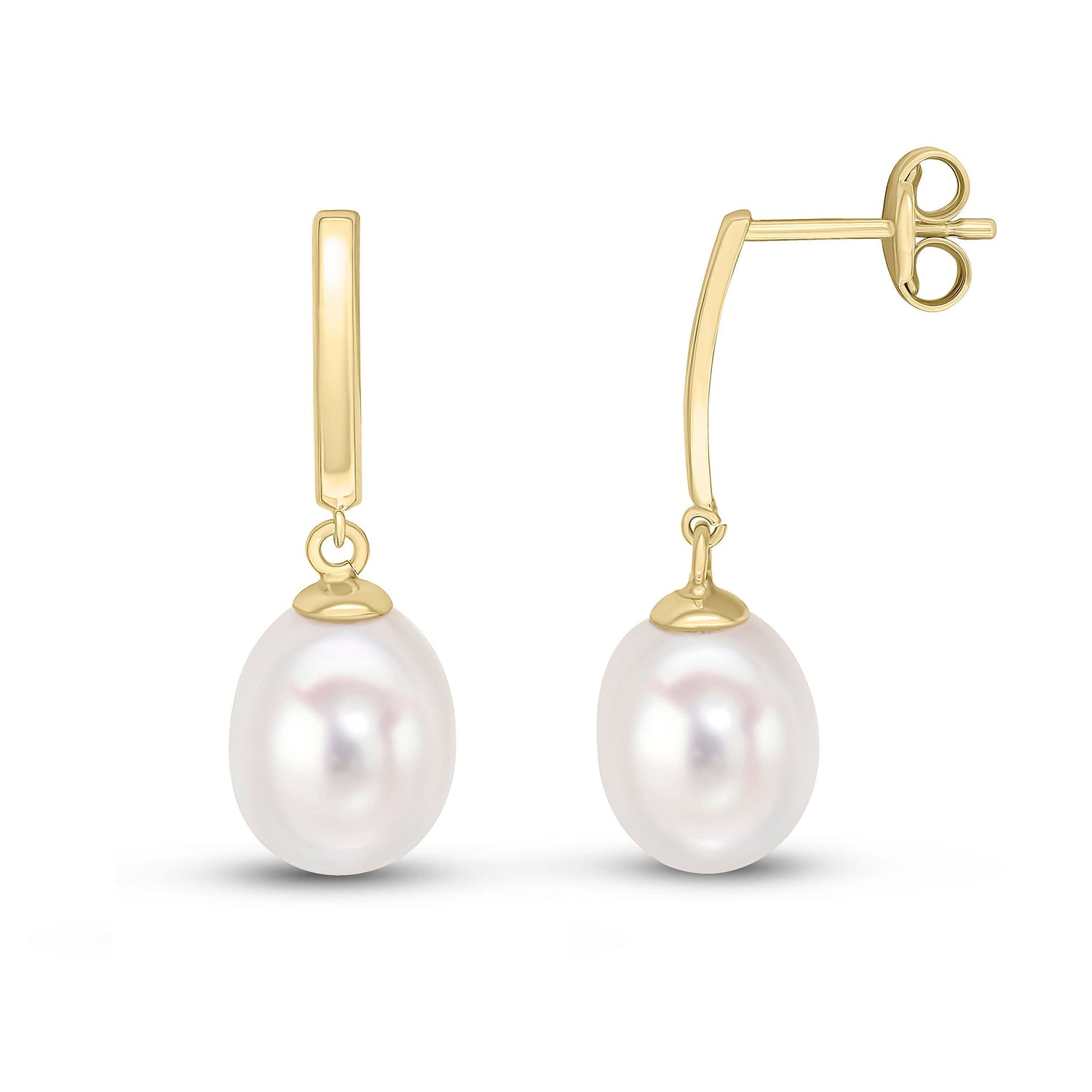 9ct Yellow Gold Polished Curved Bar with Natural Freshwater Pearl Drop Earrings