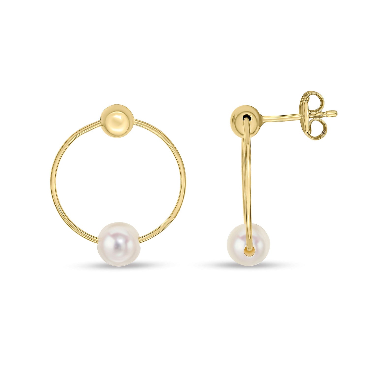 9ct Yellow Gold Ball and Natural Freshwater Pearl on Circle Drop Earrings 21x16mm