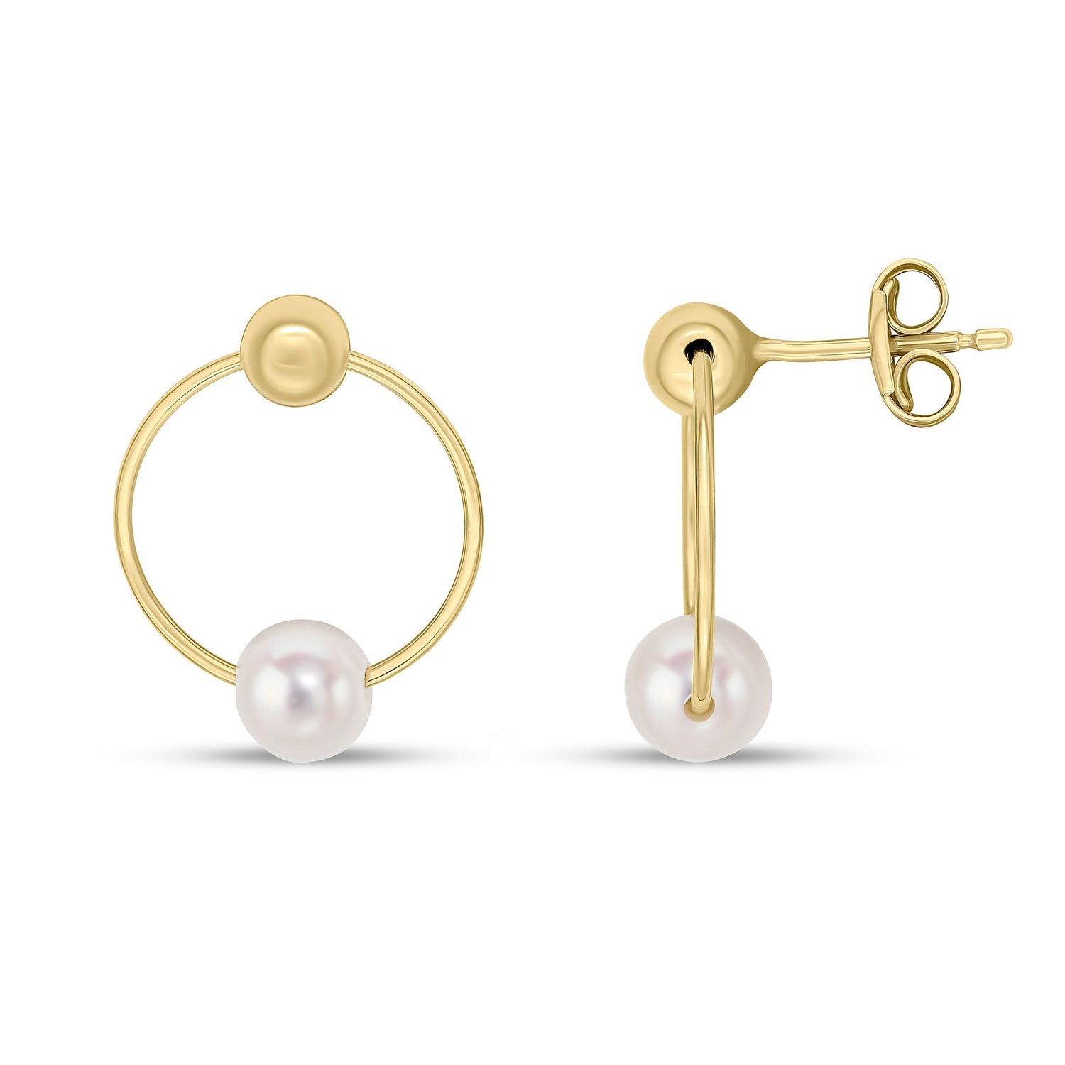 9ct Yellow Gold Ball and Natural Freshwater Pearl on Circle Drop Earrings 17x13mm