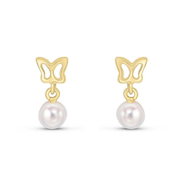 9CT Yellow Gold Butterfly Top and Freshwater Pearl Drop Earrings