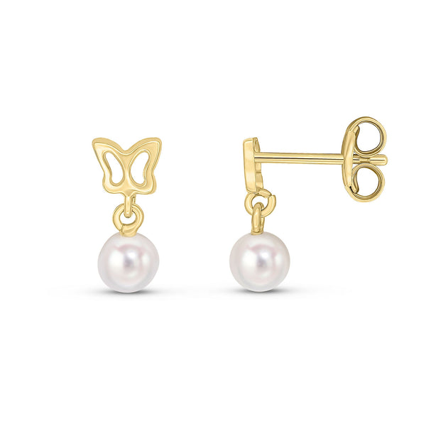 9CT Yellow Gold Butterfly Top and Freshwater Pearl Drop Earrings