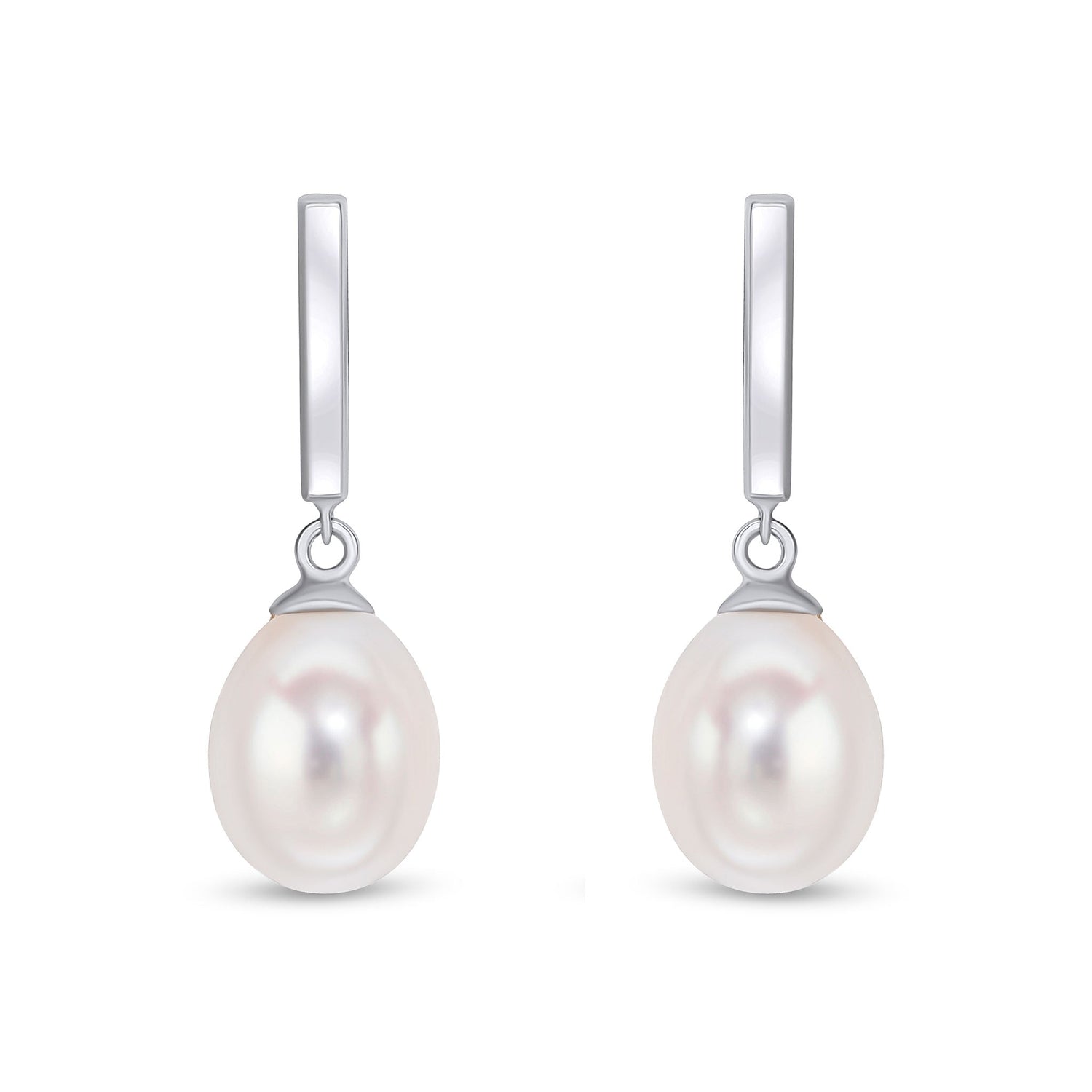 9ct White Gold Polished Curved Bar with Freshwater Pearl Drop Earrings