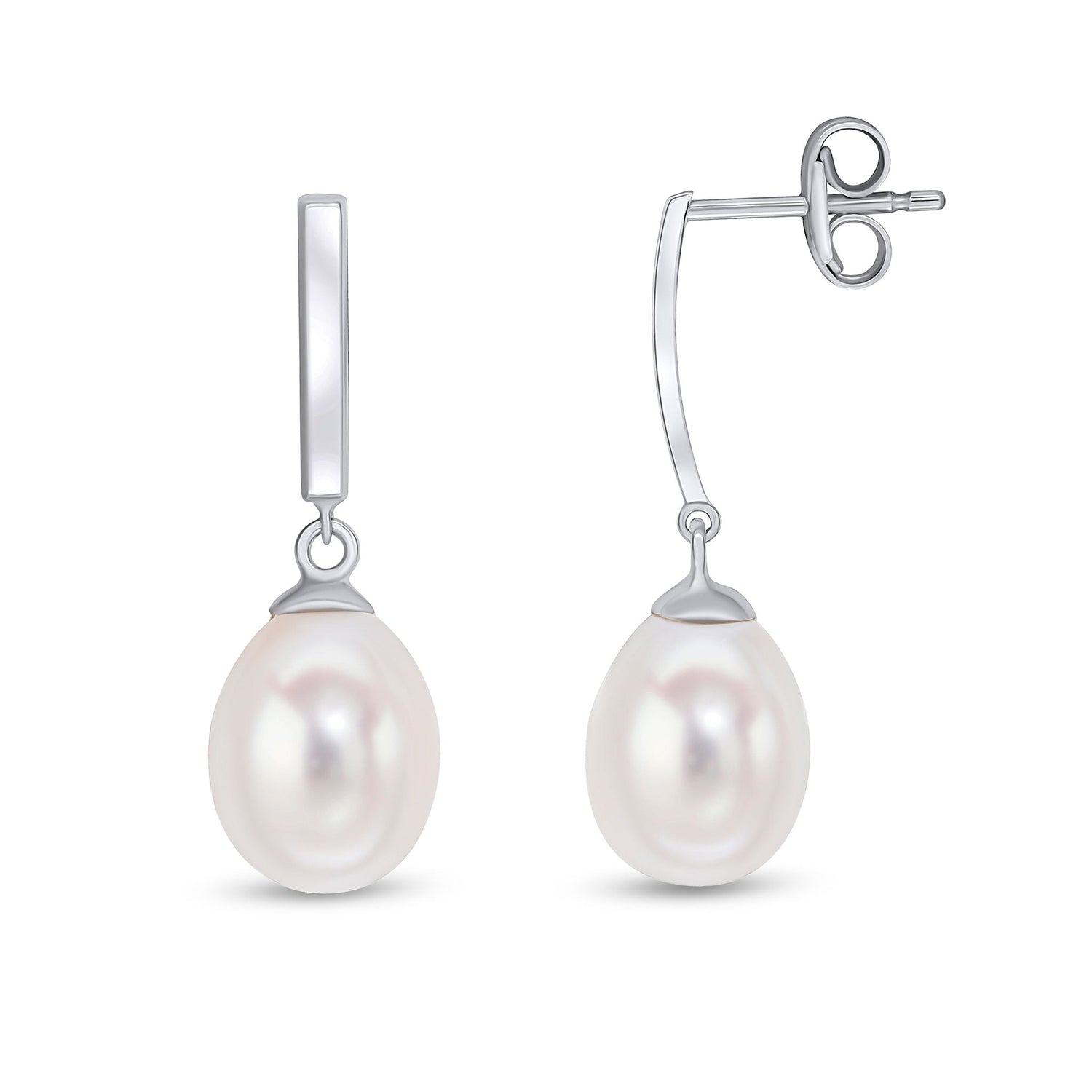 9ct White Gold Polished Curved Bar with Freshwater Pearl Drop Earrings