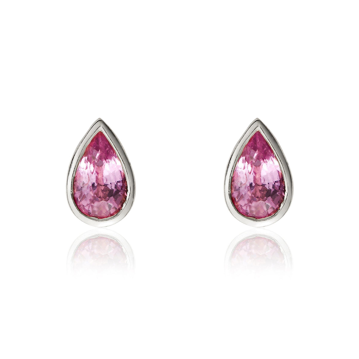 9ct White Gold Pear Shaped Natural Pink Sapphire Rubover Stud Earrings — 5x3mm