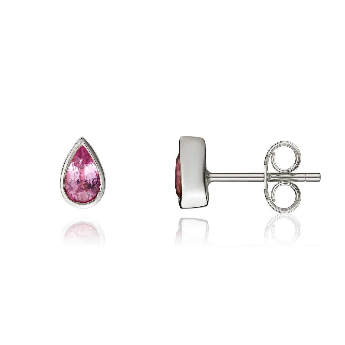 9ct White Gold Pear Shaped Natural Pink Sapphire Rubover Stud Earrings — 5x3mm