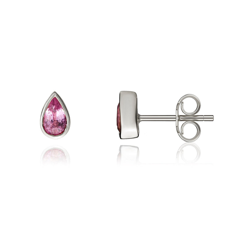9ct White Gold Pear Shaped Natural Pink Sapphire Rubover Stud Earrings — 5x3mm