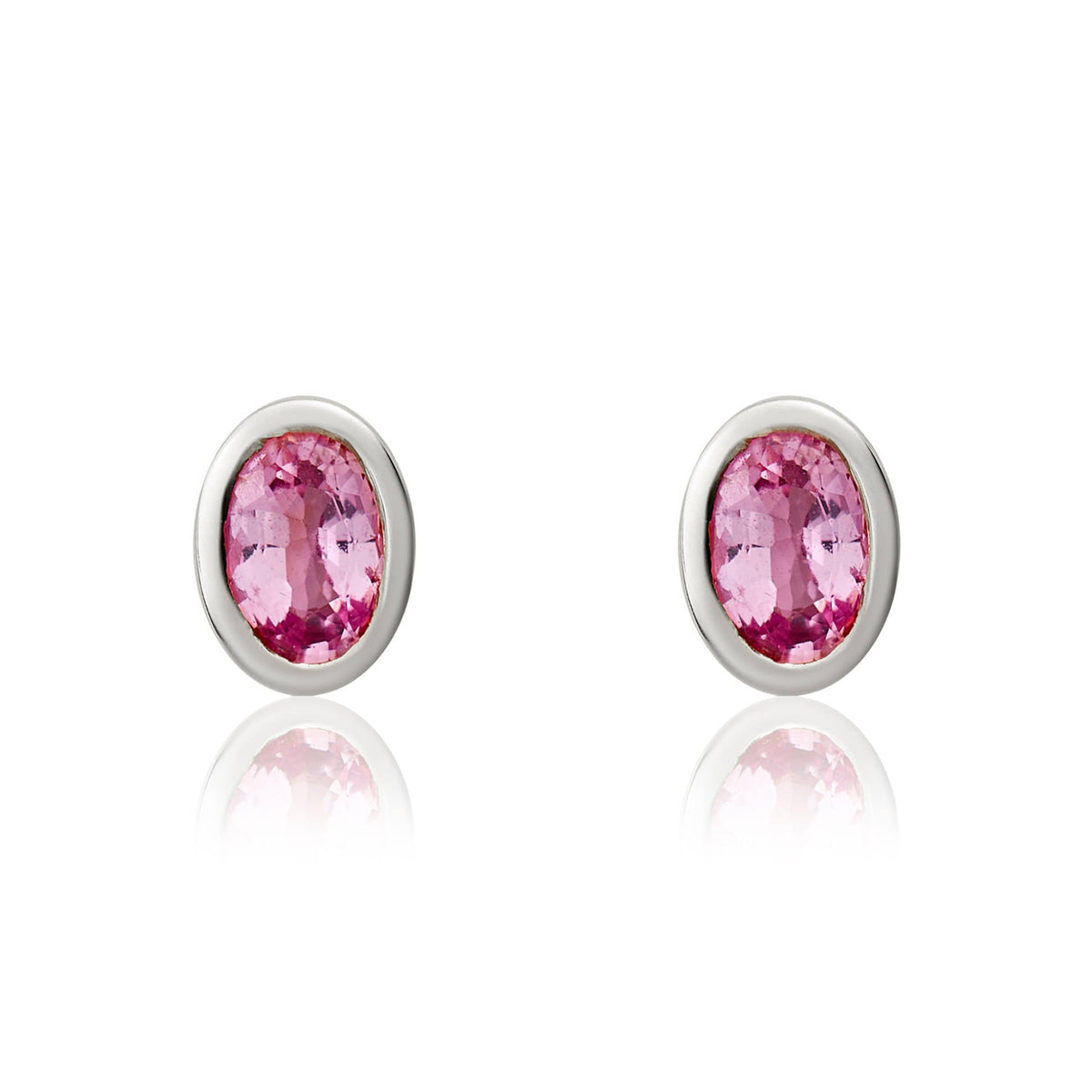 9ct White Gold Oval Natural Pink Sapphire Rubover Stud Earrings — 4x3mm