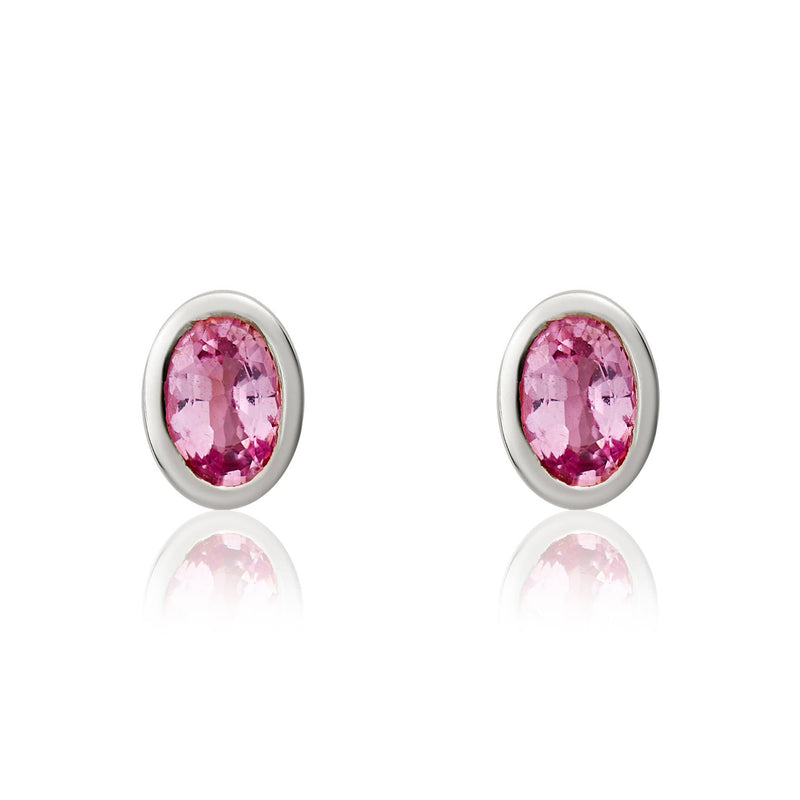 9ct White Gold Oval Natural Pink Sapphire Rubover Stud Earrings — 4x3mm