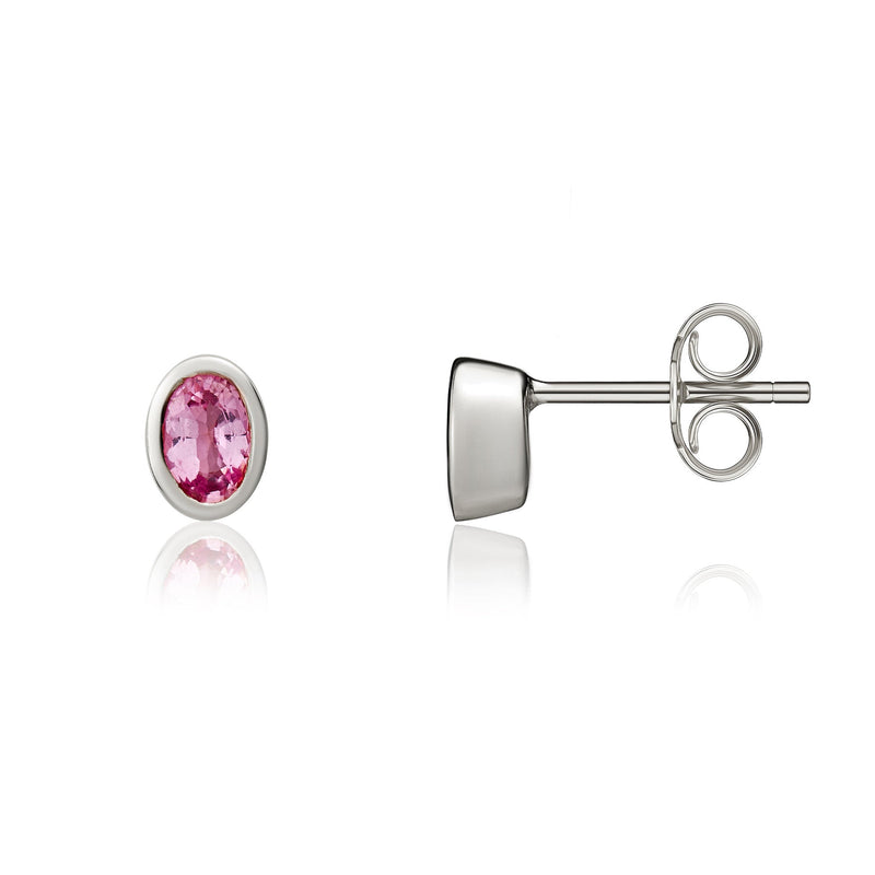 9ct White Gold Oval Natural Pink Sapphire Rubover Stud Earrings — 4x3mm
