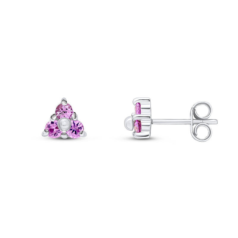 9ct White Gold Round Natural Pink Sapphire Trefoil Claw Stud Earrings