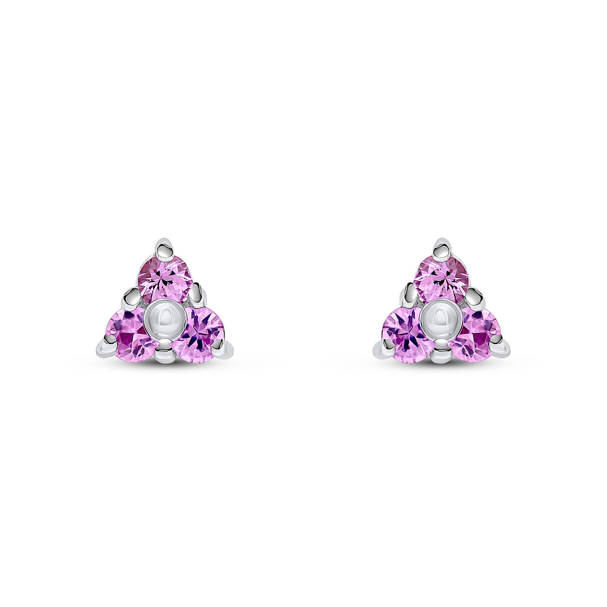 9ct White Gold Round Natural Pink Sapphire Trefoil Claw Stud Earrings