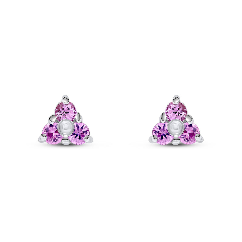 9ct White Gold Round Natural Pink Sapphire Trefoil Claw Stud Earrings