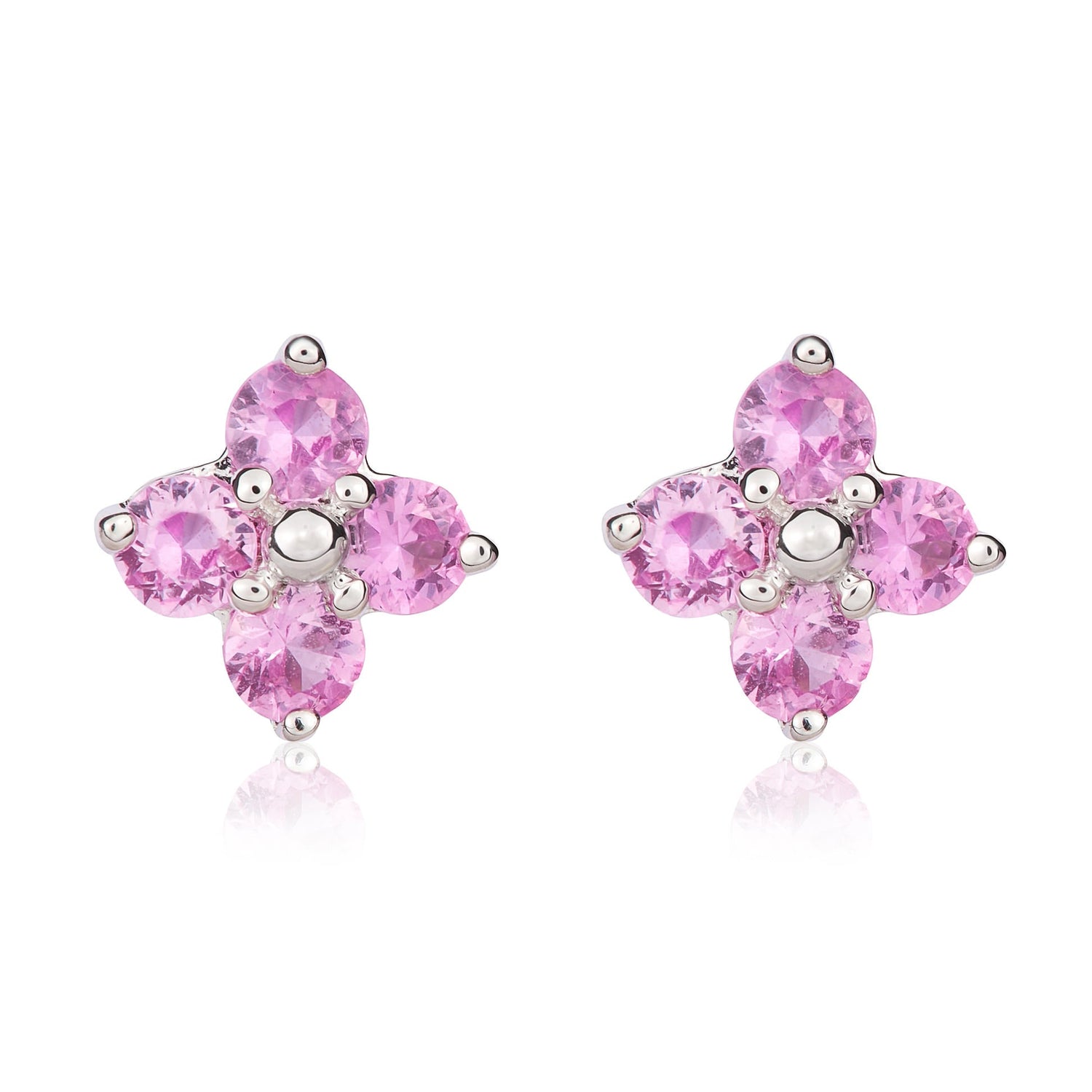 9ct White Gold Round Natural Pink Sapphire Four Stone Cluster Stud Earrings — 3mm