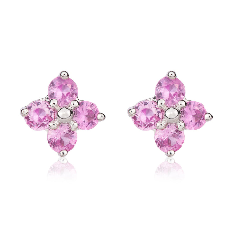 9ct White Gold Round Natural Pink Sapphire Four Stone Cluster Stud Earrings