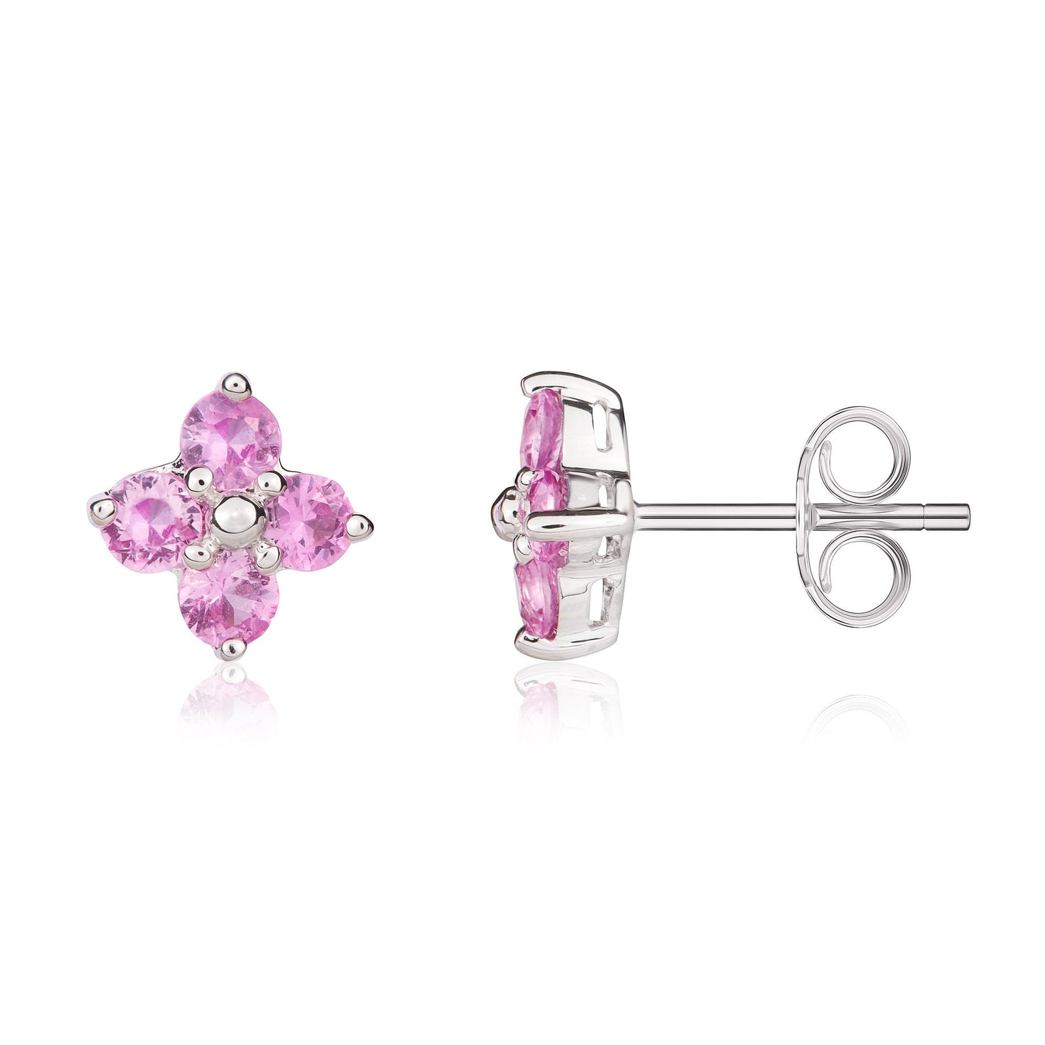 9ct White Gold Round Natural Pink Sapphire Four Stone Cluster Stud Earrings — 3mm