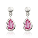 9ct White Gold Pear Shaped Natural Pink Sapphire Rubover Drop Earrings with Bead Top — 6x4mm