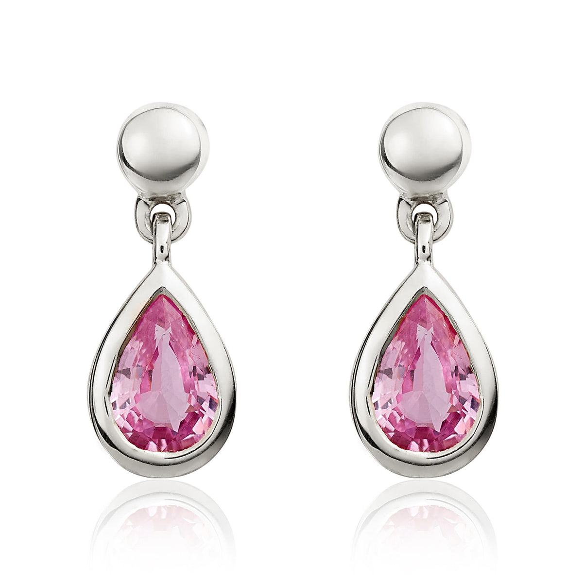 9ct White Gold Pear Shaped Natural Pink Sapphire Rubover Drop Earrings with Bead Top — 6x4mm