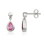 9ct White Gold Pear Shaped Natural Pink Sapphire Rubover Drop Earrings with Bead Top — 6x4mm