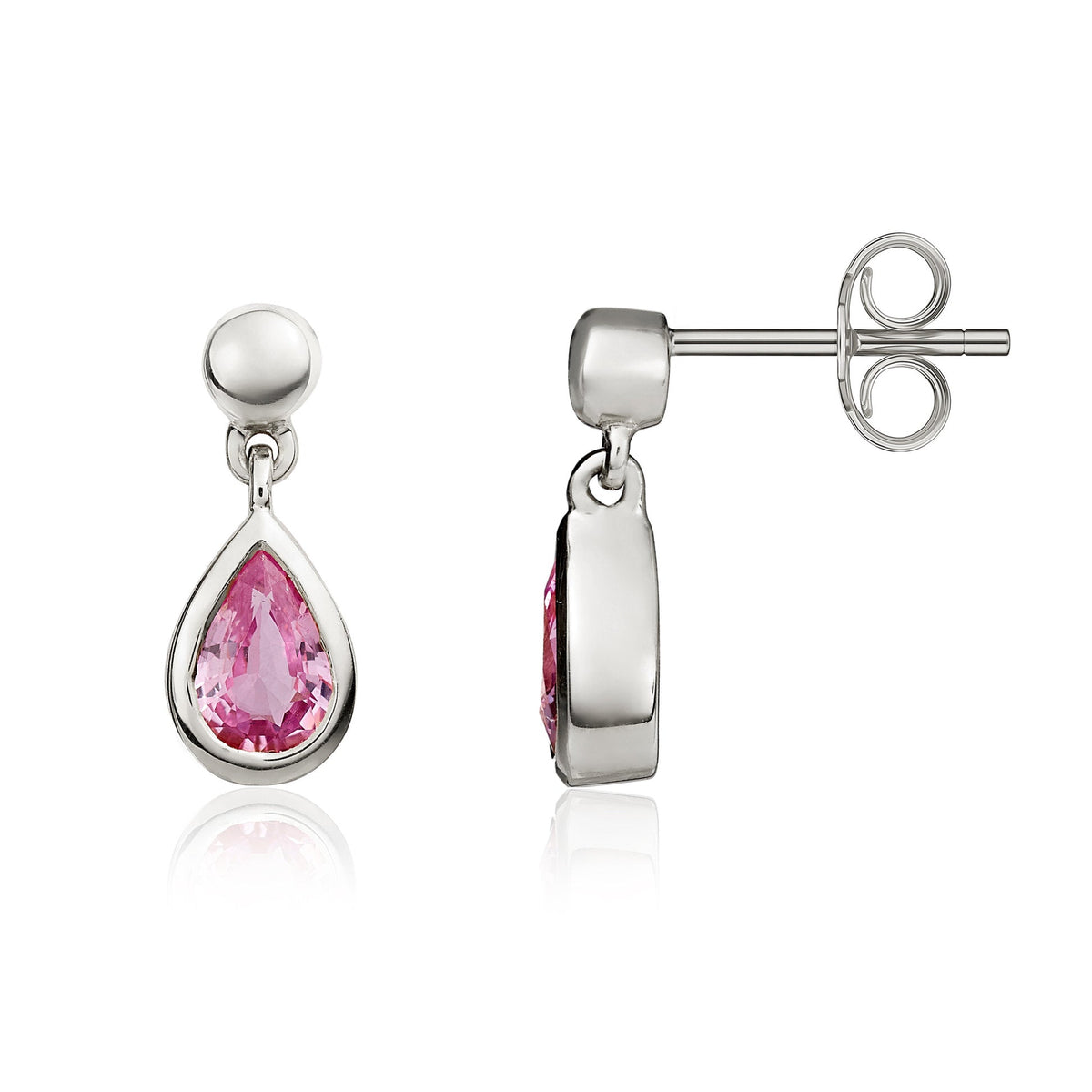 9ct White Gold Pear Shaped Natural Pink Sapphire Rubover Drop Earrings with Bead Top — 6x4mm