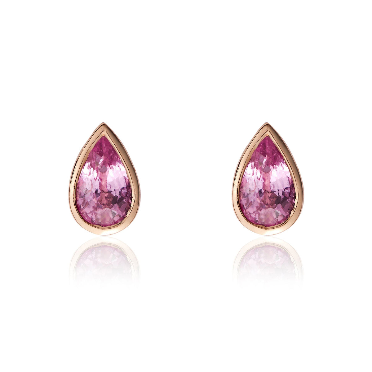 9ct Rose Gold Pear Shaped Natural Pink Sapphire Rubover Stud Earrings — 5x3mm