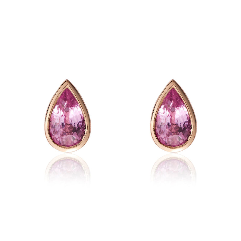 9ct Rose Gold Pear Shaped Natural Pink Sapphire Rubover Stud Earrings — 5x3mm