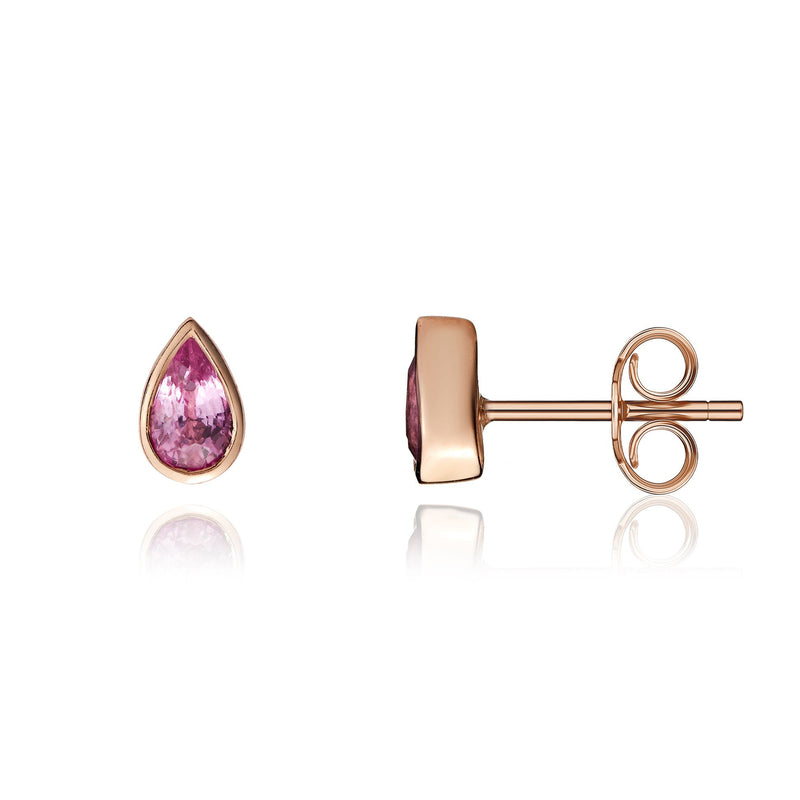 9ct Rose Gold Pear Shaped Natural Pink Sapphire Rubover Stud Earrings — 5x3mm