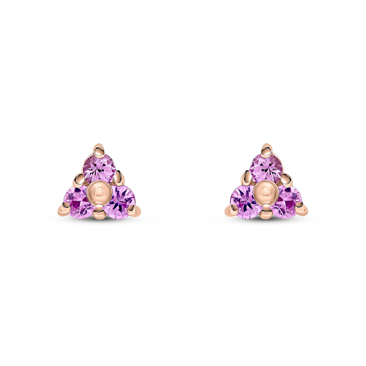 9ct Rose Gold Round Natural Pink Sapphire Trefoil Claw Stud Earrings