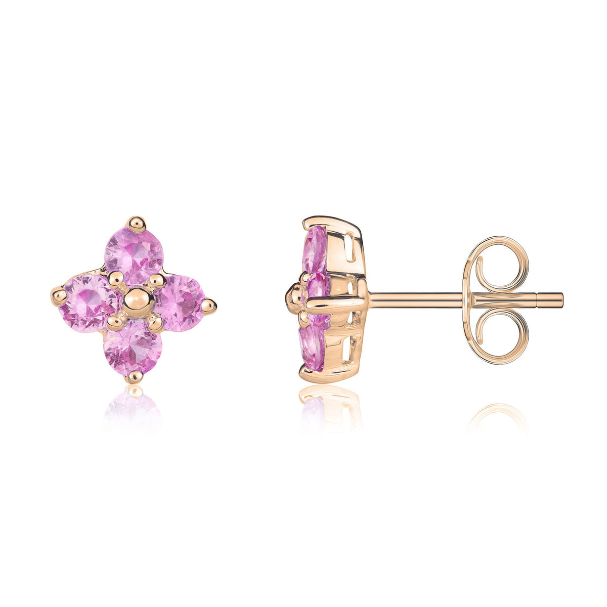 9ct Rose Gold Round Natural Pink Sapphire Four Stone Cluster Stud Earrings