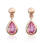 9ct Rose Gold Pear Shaped Natural Pink Sapphire Rubover Drop Earrings with Bead Top — 6x4mm