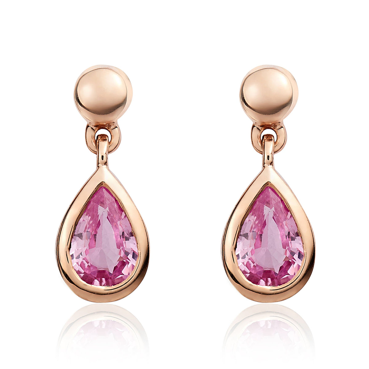 9ct Rose Gold Pear Shaped Natural Pink Sapphire Rubover Drop Earrings with Bead Top — 6x4mm