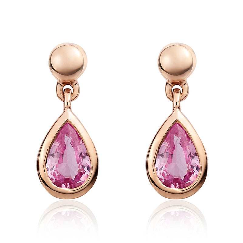 9ct Rose Gold Pear Shaped Natural Pink Sapphire Rubover Drop Earrings with Bead Top — 6x4mm