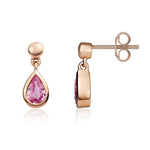 9ct Rose Gold Pear Shaped Natural Pink Sapphire Rubover Drop Earrings with Bead Top — 6x4mm