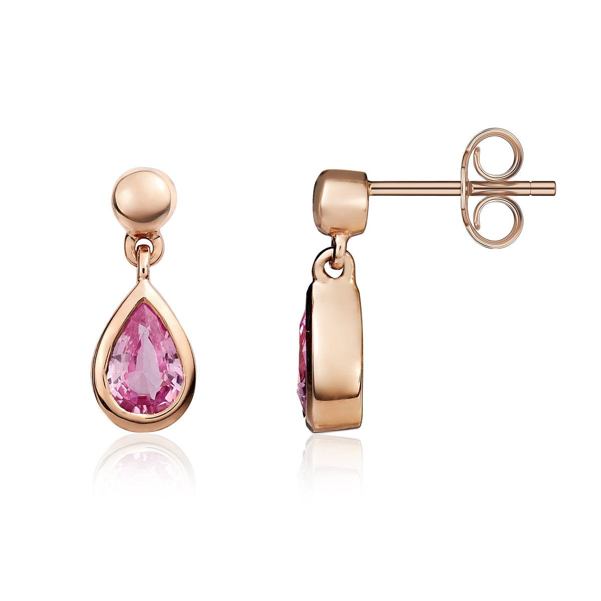 9ct Rose Gold Pear Shaped Natural Pink Sapphire Rubover Drop Earrings with Bead Top — 6x4mm