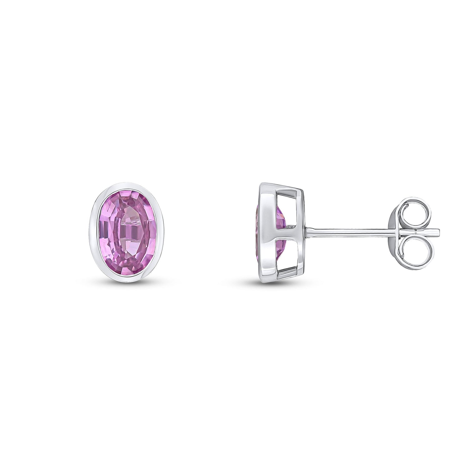 9ct White Gold Oval Natural Pink Sapphire Rubover Stud Earrings — 7x5mm