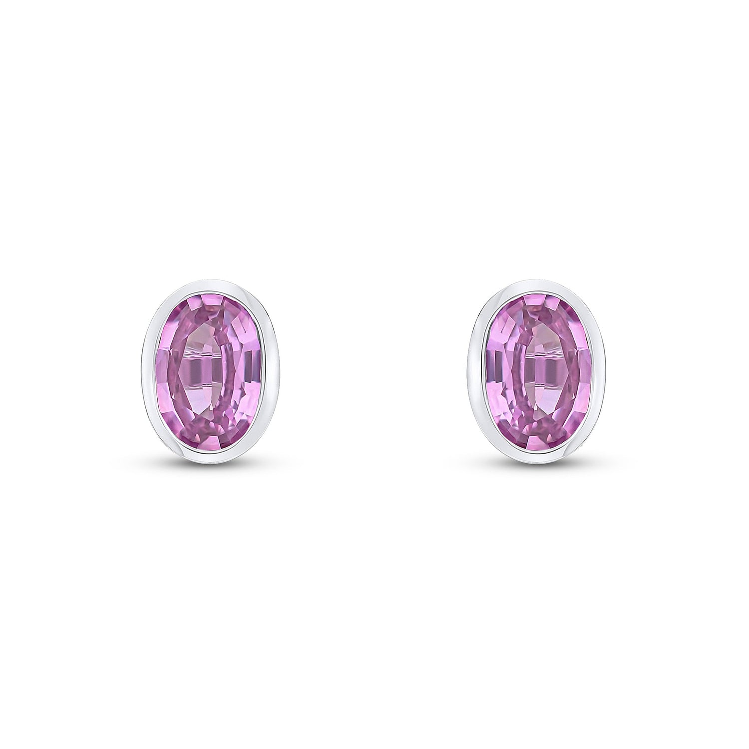 9ct White Gold Oval Natural Pink Sapphire Rubover Stud Earrings — 7x5mm
