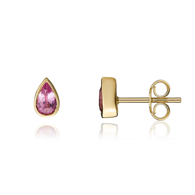 9ct Yellow Gold Pear Shaped Natural Pink Sapphire Rubover Stud Earrings — 5x3mm